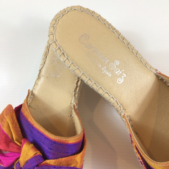 Carmen Saiz Espadrille Wedge Slide Sandals Bright Colorful Silk w/ Bow sz 39/8 - Picture 6 of 8